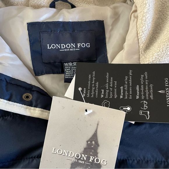 London Fog Dark Blue & Cream Color-Block Puffer-Panel Sherpa Hooded Pullover - Picture 8 of 14
